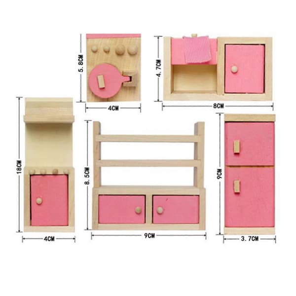 Møbelsett i tre til dukkehus Miniatyrmøbler Leker Lekehusutstyr Kitchen Set