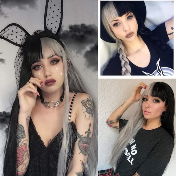 Puoliharmaa puolimusta peruukki pitkä suora otsatukka cosplay-peruukki luonnollinen