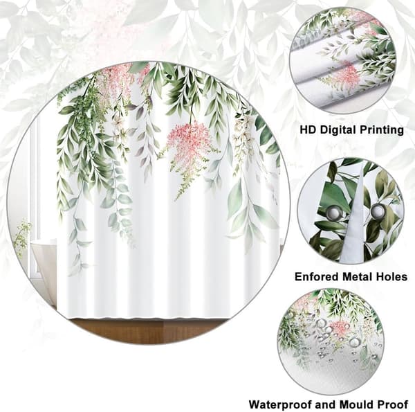 Grønne Blader Dusjforheng, Eukalyptus og Rosa Blomst Dusjforheng, Anti-Mugg Vanntett Badeforheng, Vaskbart Polyester Stoff Baderomsforheng
