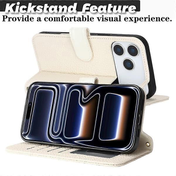 Kompatibelt för iPhone 17 Pro Ställfodral Litchi Textur Äkta Läder Plånbok Telefonfodral RFID White