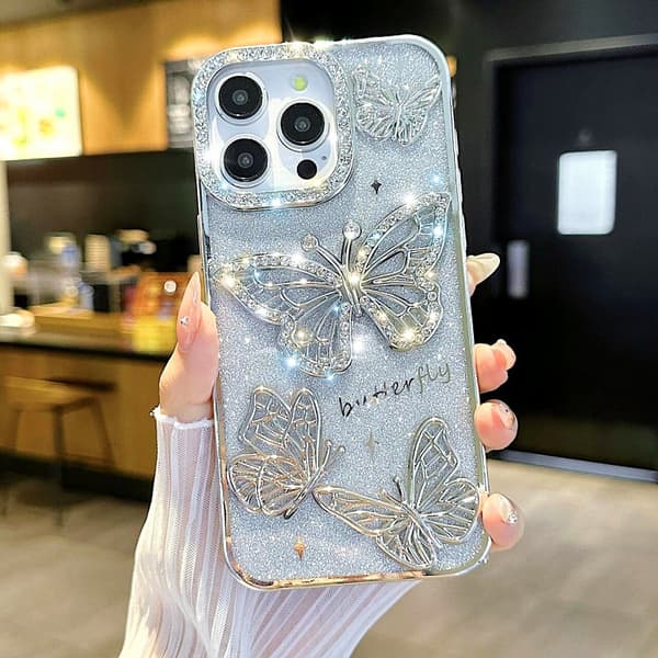 Etui til iPhone 17 Pro Rhinestone Sommerfugl Glitter Sølv Elektropletteret 3D Sommerfugl Diamant Gradient Glitter Papir