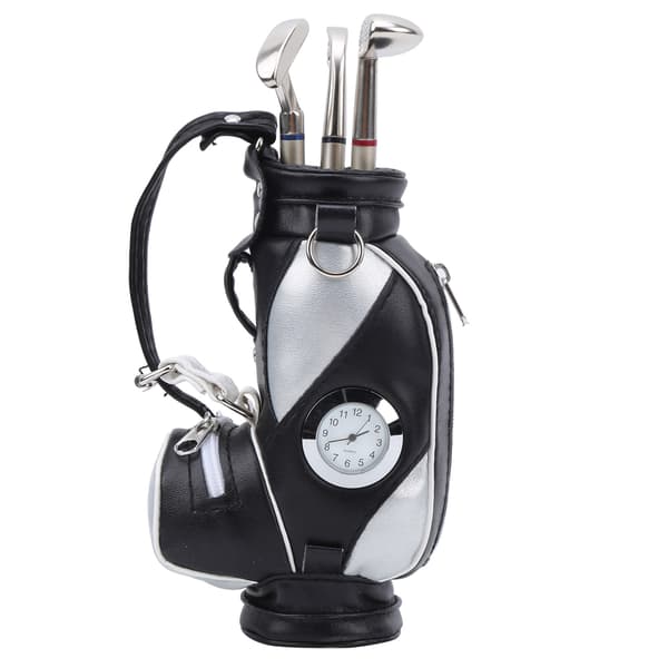 Mini Skrivbords Golfbag Pennklocka Zinklegering PU Läder med Golfpennor Souvenir Present Set Svart Silver