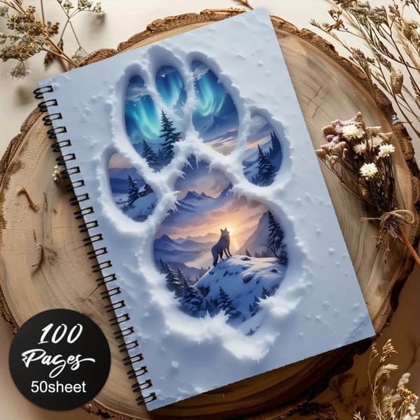 Wolf Paw Aurora Fjell Spiralnotesbog, A5 Kreativ 3D Visuel Journal, Studenter Skriveartikler Notesbog