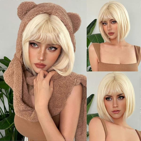 Blond Bob Paryk med Pandehår - Chic Kort Hårstykke til Daglig Glamour, Fester & Festlige Begivenheder