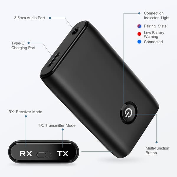 Oppgradert Bluetooth 5.3 sender og mottaker, bærbar trådløs adapter, 2-i-1 ekstra lydmottaker for datamaskiner, hodetelefoner—ls