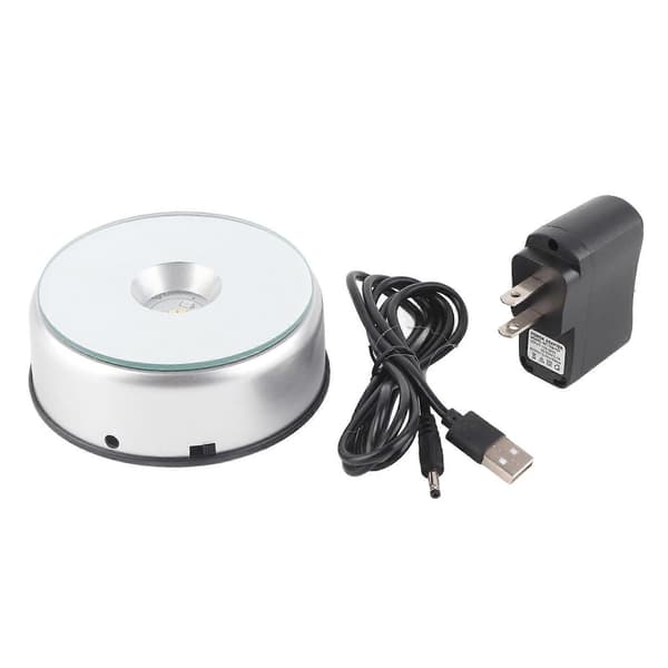 LED farverigt lys roterende krystal display base stativholder med AC US-adapter sølv
