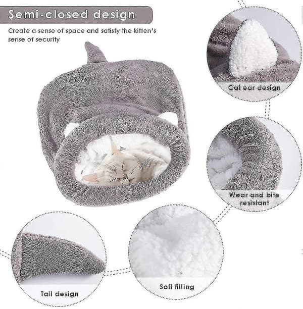 Blød Fleece Kat Sovepose, Varm Vaskbar Kæledyrsseng, Kattehule Kælepose Tæppe Pude, Lukket Hule, Grå, 50 * 40cm—ls