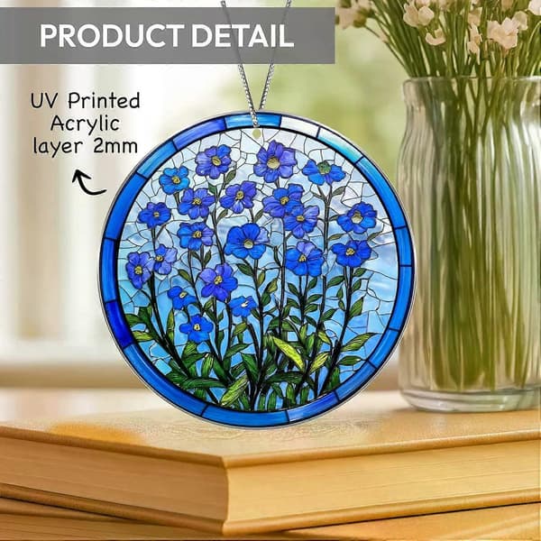 Blå akryl solfanger til vindue, Forglemmigej blomster hængende pynt, mindehaveindretning, solfanger i malet glas til vindue, glasvind 2pcs