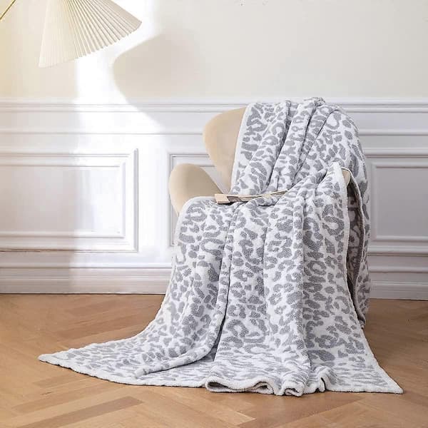 Ultramød Micro Plys Hvid Grå Leopard Tæppe (130x160 cm) Varmt Vendbart Gepard Tæppe Leopardmønstret Plaid til Sofa Seng