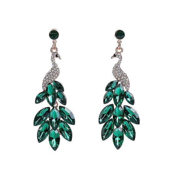 Plated Green Crystal Feather Peacock Statement Dangle øredobber Boho Overdrevne bursdagsmykkegaver—ls