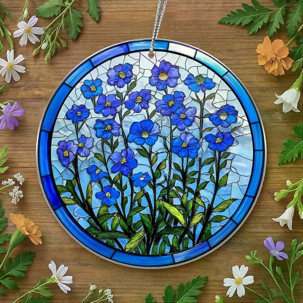 Blå akryl solfanger til vindue, Forglemmigej blomster hængende pynt, mindehaveindretning, solfanger i malet glas til vindue, glasvind 2pcs
