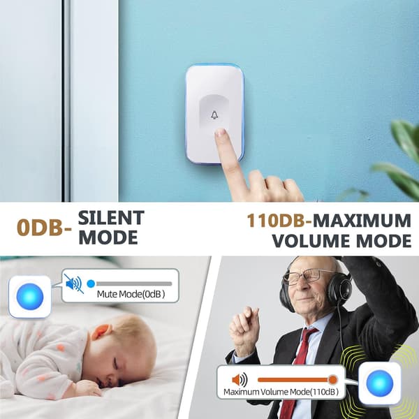 Trådlös dörrklocka utan sladd, plug-in, inga batterier krävs med blixt