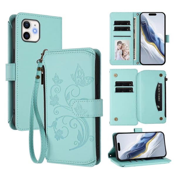 Plånboksfodral med dragkedja i läder för iPhone 13 mini —ls For iPhone 12 / 12 Pro