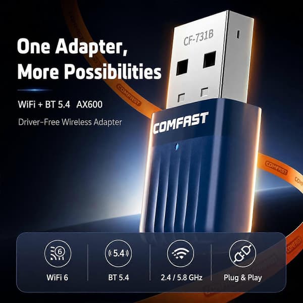 COMFAST CF-731B WiFi 6 Bluetooth 5.4 USB-adapter AX600 Dual Band 2.4G/5G Trådløst Netværkskort Not Specified