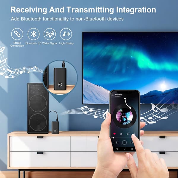 Oppgradert Bluetooth 5.3 sender og mottaker, bærbar trådløs adapter, 2-i-1 ekstra lydmottaker for datamaskiner, hodetelefoner—ls
