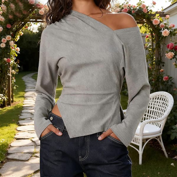 Dame Mode Asymmetrisk Off Shoulder Langærmet Pullover Top Sidesplit Ruched Slim Fit T-Shirt til Hverdagsstyling L—ls L