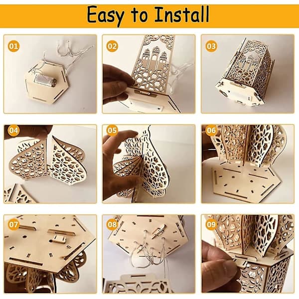 3 stk. DIY Ramadan Trælamper Dekorationer, Mubarak Ramadan LED-lampe til Ramadan Dekorationer