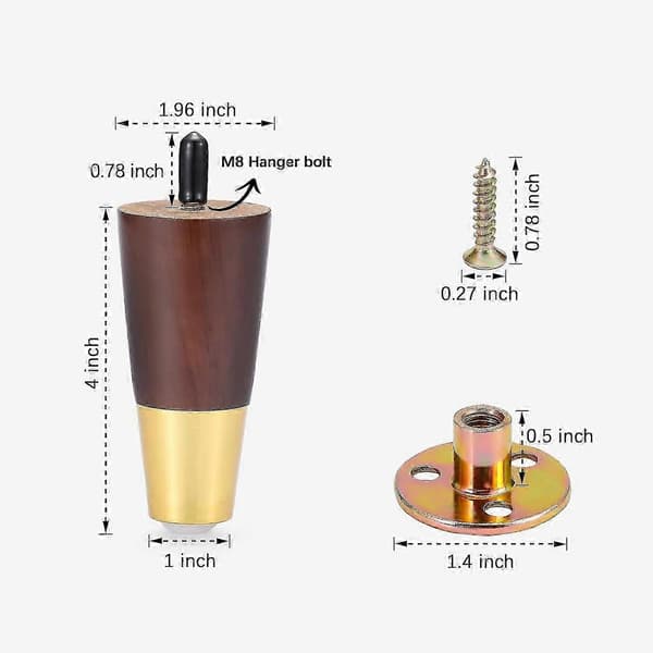 Guldbelagte 10 cm træmøbelben, sæt med 4 til sofa, skab og kommode Brun Brown 4 inch 4 pcs