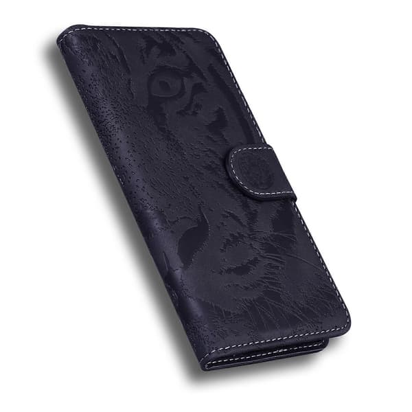 For Nokia C21 Tiger Embossing Pattern Horisontal Flip Lærtelefonveske Black