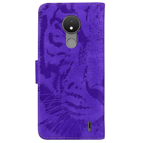 For Nokia C21 Tiger Embossing Pattern Horisontal Flip Lærtelefonveske Purple