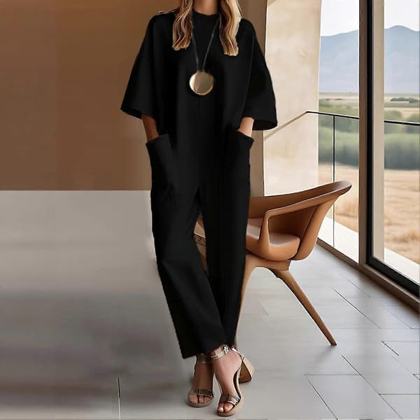 Jumpsuit til kvinder, afslappet, rund hals, halv ærme, heldragt, vide lange bukser med lommer Sort Black S