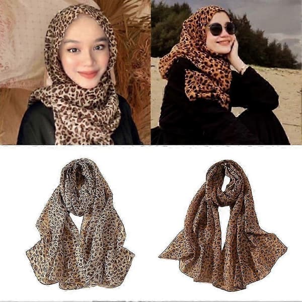 Leopardmønstret skjerf for kvinner, hvitt chiffon silke tynt sjal hijab coffee
