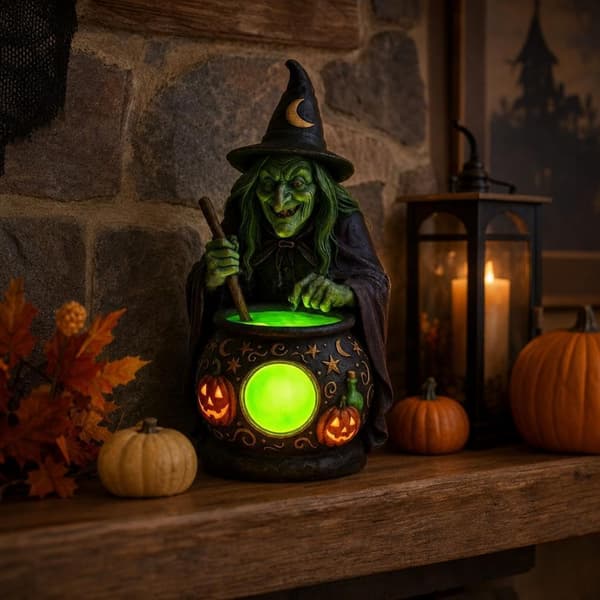 Halloween Decoration with Luminous Witch Cauldron, Battery-Powered Resin Decorative Figure for Home, Shelf, and Fireplace