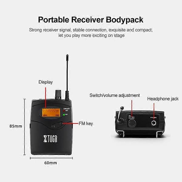 XTUGA IEM1200 Trådløs sender 6 Bodypack Scenesanger In-Ear Monitorsystem UK Plug