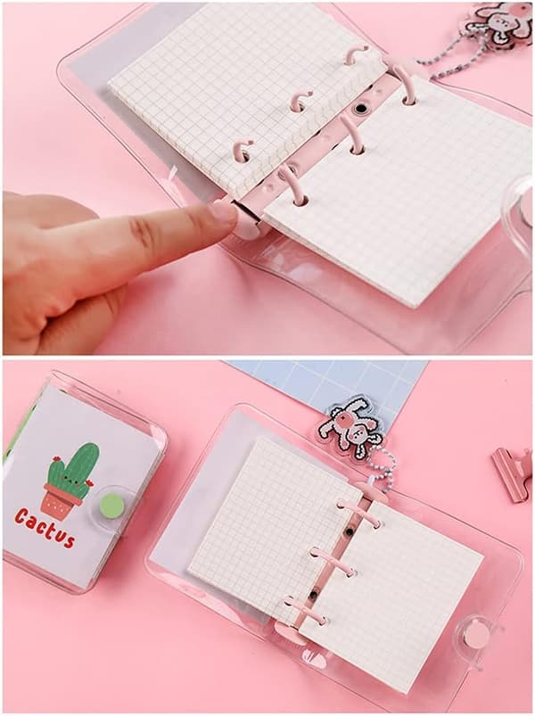 Mini klar 3-rings ringbindsomslag klar PVC-ringbindsnotesbog mini ringbindslomme med trykknap (lyserød) Pink