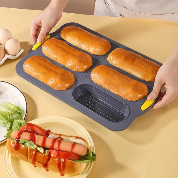6-hullers silikoneform til pølsebrød, non-stick og ovnsikker bageform til hjemmelavede brød, perfekt formet rullemaskine