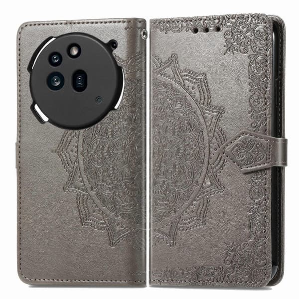 Mandala Blompräglat Läderfodral till Telefon Gray For Nothing Phone 3a Pro