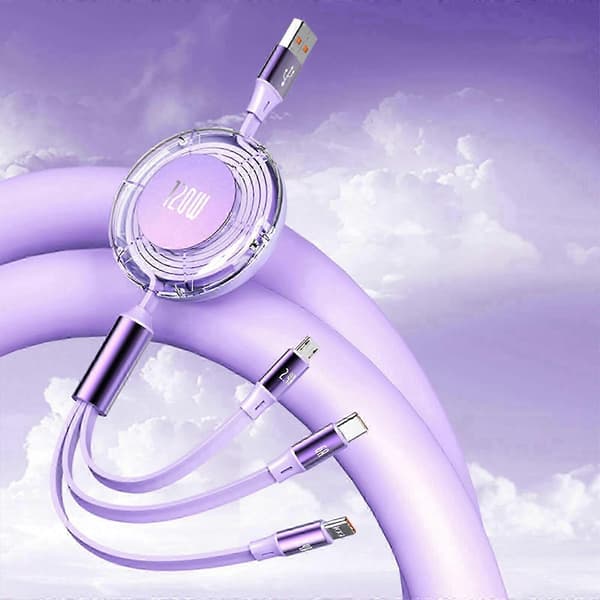USB-datakabel 120W USB til Type C & Micro USB & 8Pin opladerkabel Udtrækkeligt opladerkabel Lilla—ls Purple