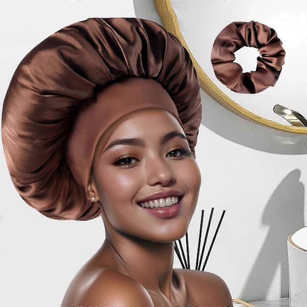 Satin Bonnet Elastisk Hovedbeklædning Dame Hår Bonnet til Makeup Ansigtsvask Bad [ls] Brown