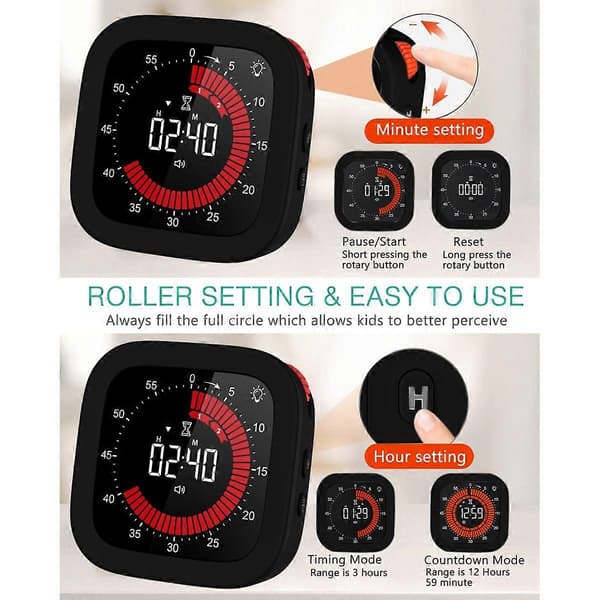Digital visuel timer, genopladelig nedtællingstimer med justerbar lydstyrke og lysstyrke, magnetisk bagside til køkkentimer—ls