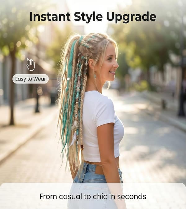 Elastisk Dread Ponytail, med Hårsnodd, Boho Flätad Ponytail Extension, med Pärlor, Snäckor och Berlocker, Handflätade Långa Dreadlock Ponytail—ls
