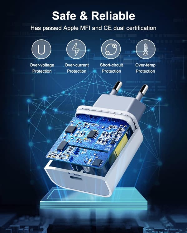 NEROO 20W Hurtigoplader med 2m USB-C til Lightning Kabel – Dual Port USB-C & USB-A – iPhone 14/13/12 2 m 2
