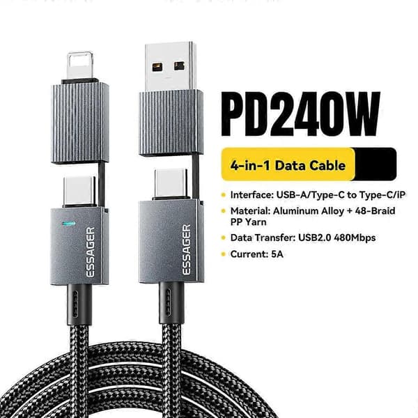 ESSAGER 0.25m 4-in-1 USB-A / Type-C - Type-C / iP punottu datakaapeli PD 240W pikalatauskaapeli MultiColor