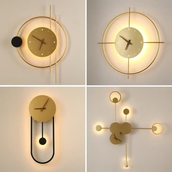 Moderne LED vægur, halvmåneform i smedejern, med justerbart trefarvet LED-lys, ideel til indretning.