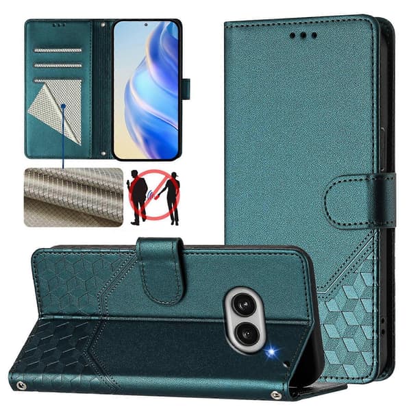 Honeycomb prægning RFID læder telefoncover Peacock Green For Nothing Phone 2a