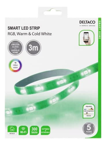Deltaco Smart Home LED-stripe RGB, WiFi dimbar, 3m - Hvit