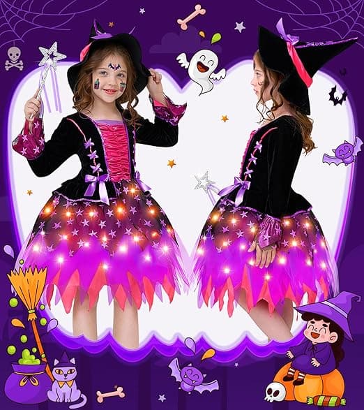 Heksekostume til piger Lysende Heks Halloween Kostumer 140