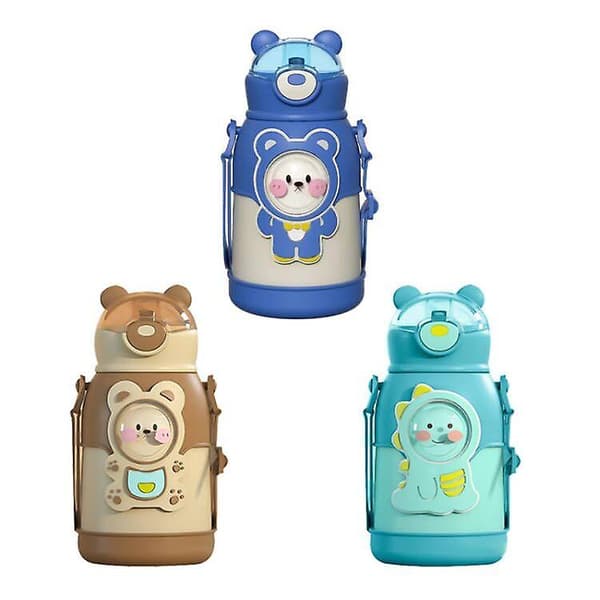 Barntermosmugg, 500 ml utomhus student tecknad dricksmugg med sugrör—ls blue