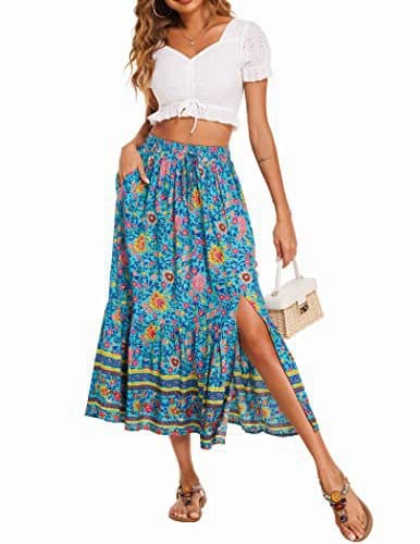 Kvinders Boho Blomsterprint Elastisk Højtaljet Plisseret A-Linje Midi Nederdel blå