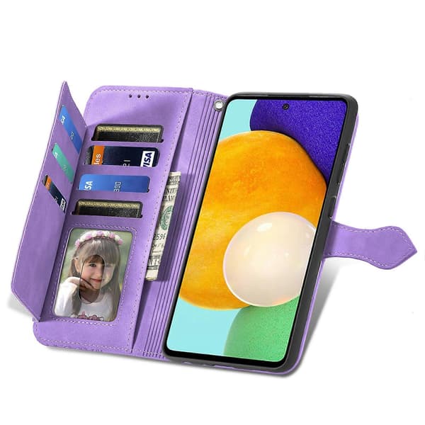 Kompatibel med Samsung Galaxy A52s 5G preget blomst støtsikkert læretui Purple