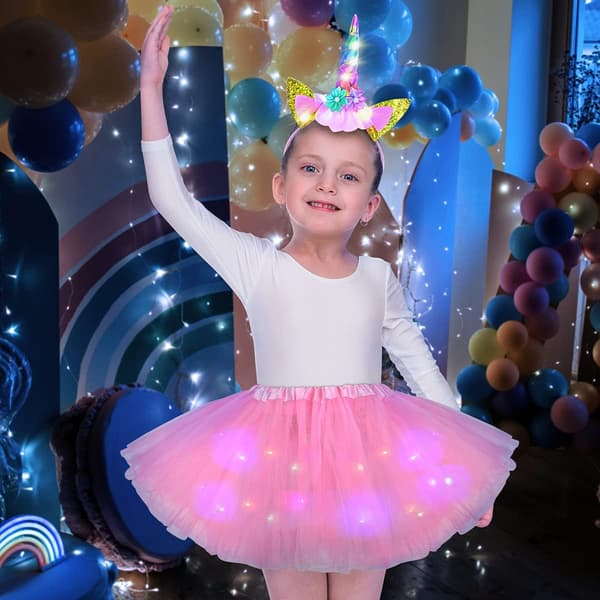 LED-enhjørningekostume til piger, med tutu, pandebånd og tryllestav (2-10 år)