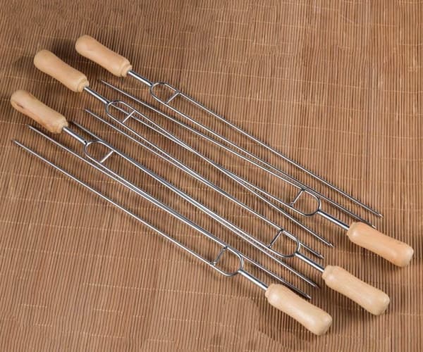 6 sett 15 tommer grillspyd i rustfritt stål med doble pigger og trehåndtak