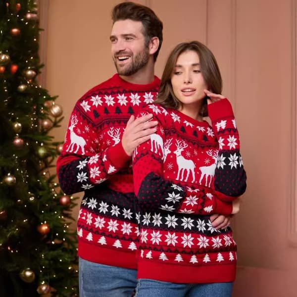 Juletrøjer til par, røde juletrøjer, strikkede juletrøjer, julemandskostumer, juleoutfits (herrestile) M