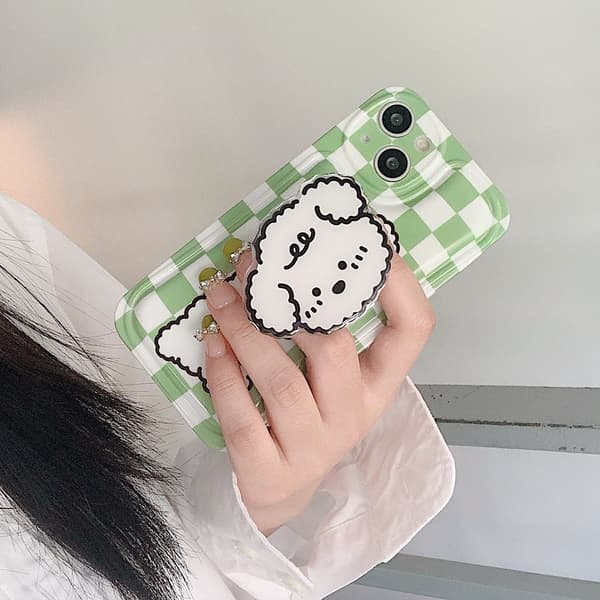 Yhteensopiva iPhone 13 PRO MAX -kuoren kanssa, vihreä ruudullinen pentu jalustalla