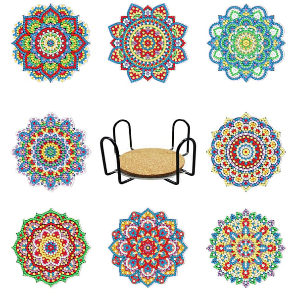 8 st diamantmålningsbitar med hållare DIY Mandala-bitar Runda korkbitar för drycker absorberande bord