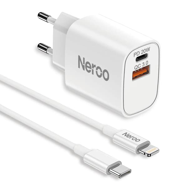 NEROO 20W Hurtigoplader med 2m USB-C til Lightning Kabel – Dual Port USB-C & USB-A – iPhone 14/13/12 2 m 2
